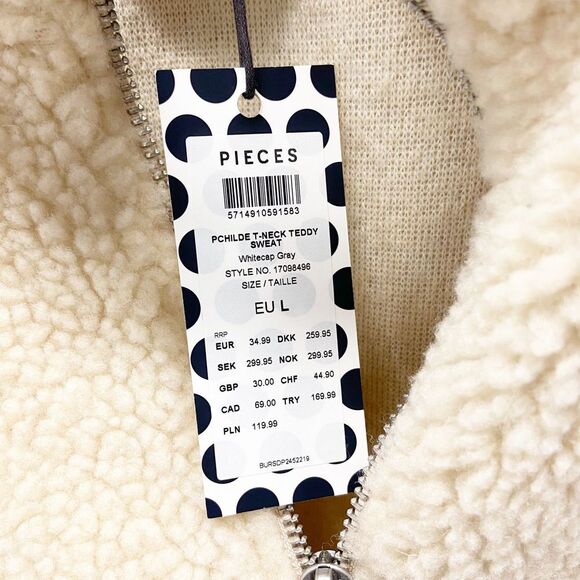 PIECES | NWT Half-Zip Cream Teddy Sherpa Pullover, Size EU Large - Picture 4 of 12
